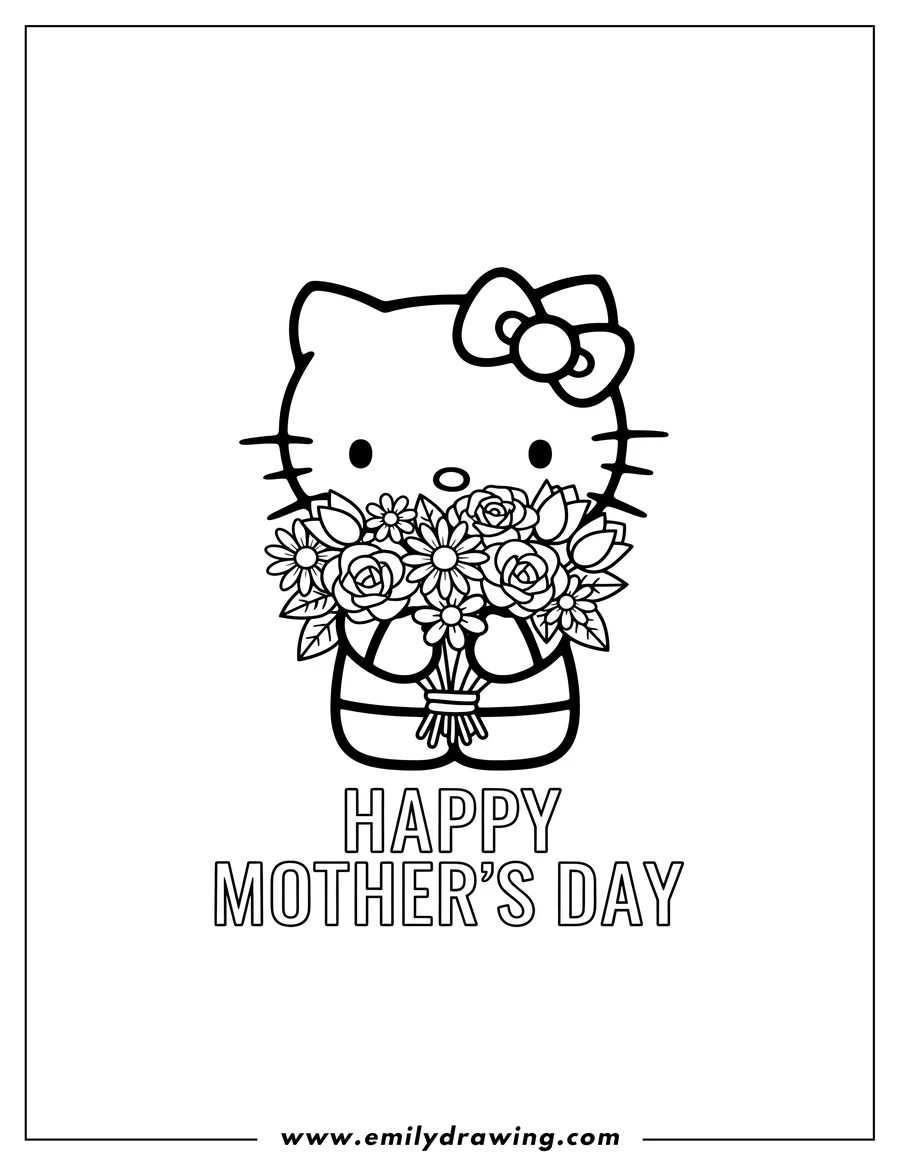 Free to print drawing of cute Hello Kitty wearing a bow and holding flowers, with a Mother's Day greeting