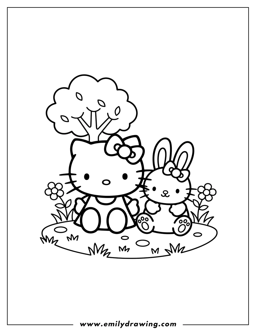 Printable coloring page of hello Kitty with a bow sitting on grass next to a rabbit with a bow
