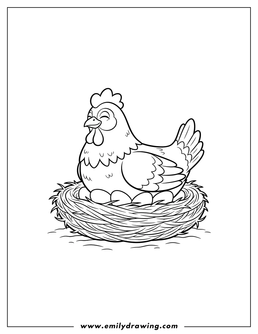 Coloring page of hen sitting on a nest with eggs