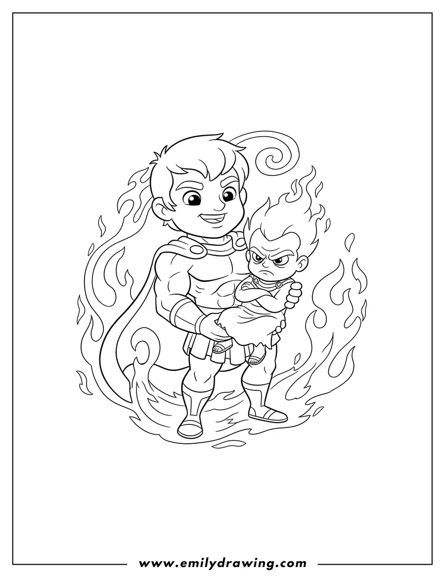 Downloadable coloring page of cute Hercules carrying grumpy Chibi Hades with swirling flames