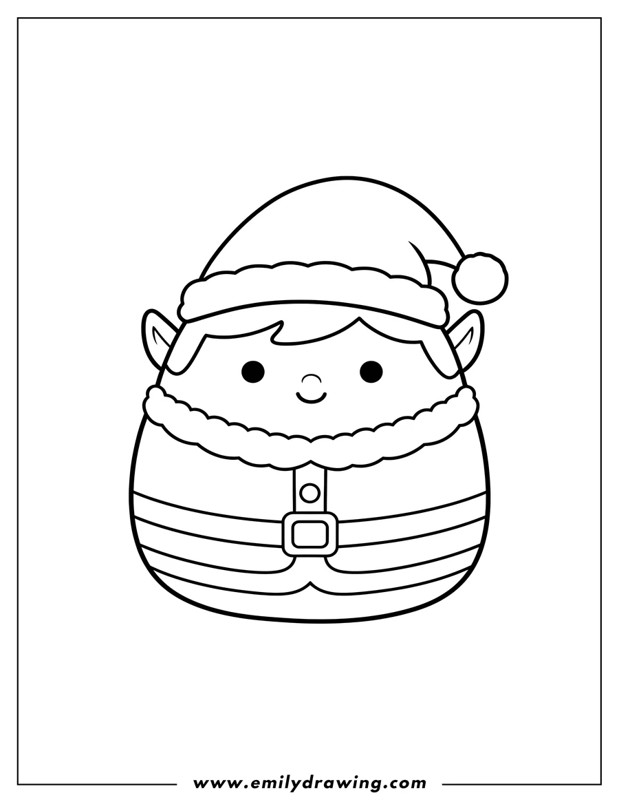 Black and white line art of hermy Elf Squishmallow in a Santa outfit and hat, smiling