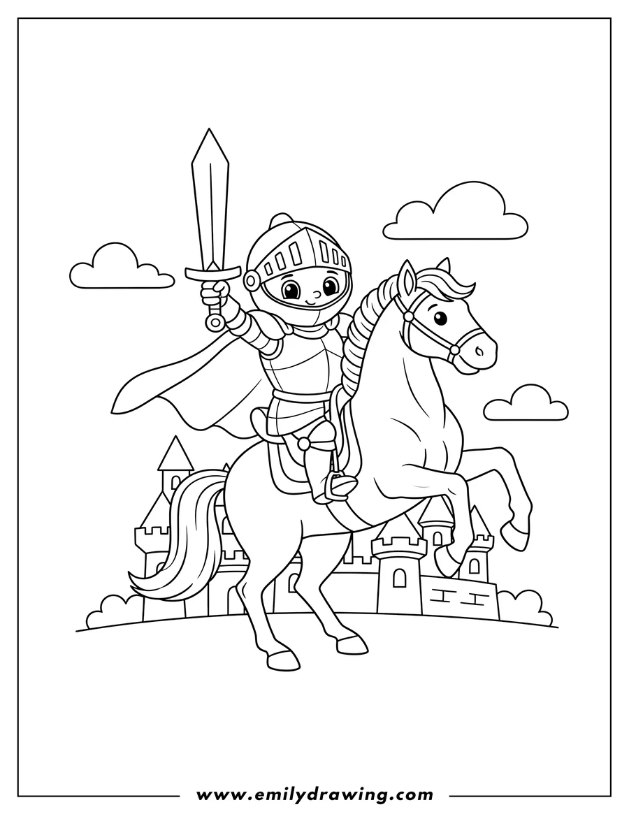 Clean line drawing: heroic Armored Knight Riding Rearing Horse With Cape And Sword Held High Preschoolers