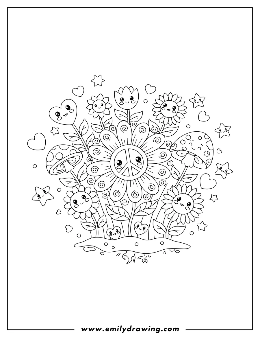 Clean line drawing: cute Hippie Flowers Bursting From Ground with Smiling Faces, Hearts, and Stars