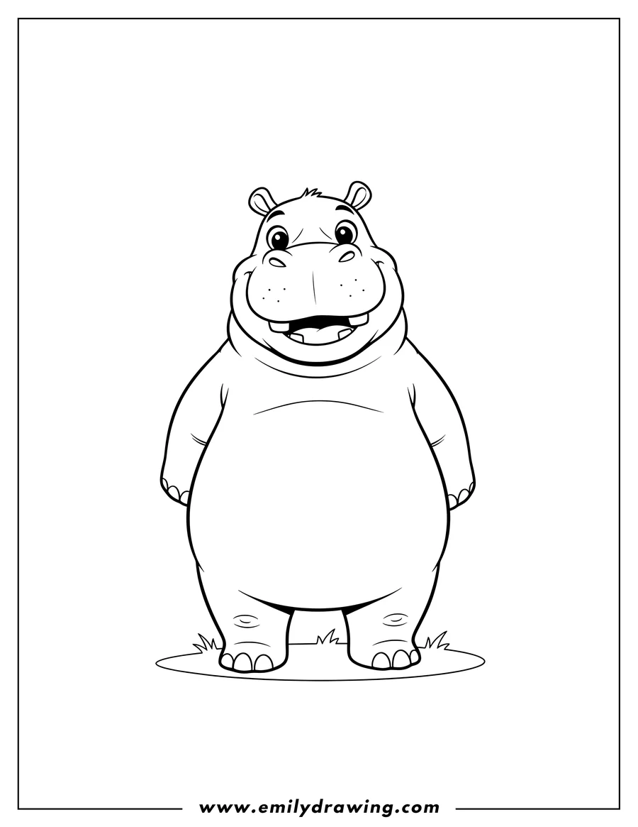 Downloadable coloring page of hippo Basi smiling and standing