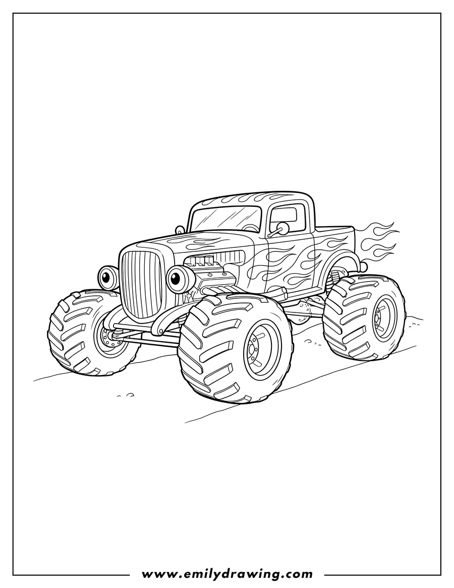 Linear illustration of hot Rod Monster Truck Scaled with flames, coloring page