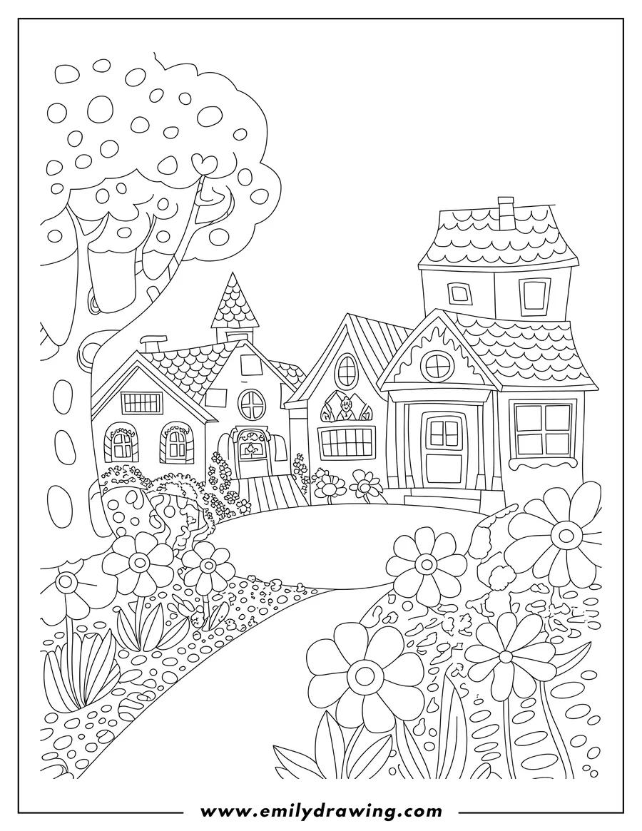 Coloring sheet featuring houses