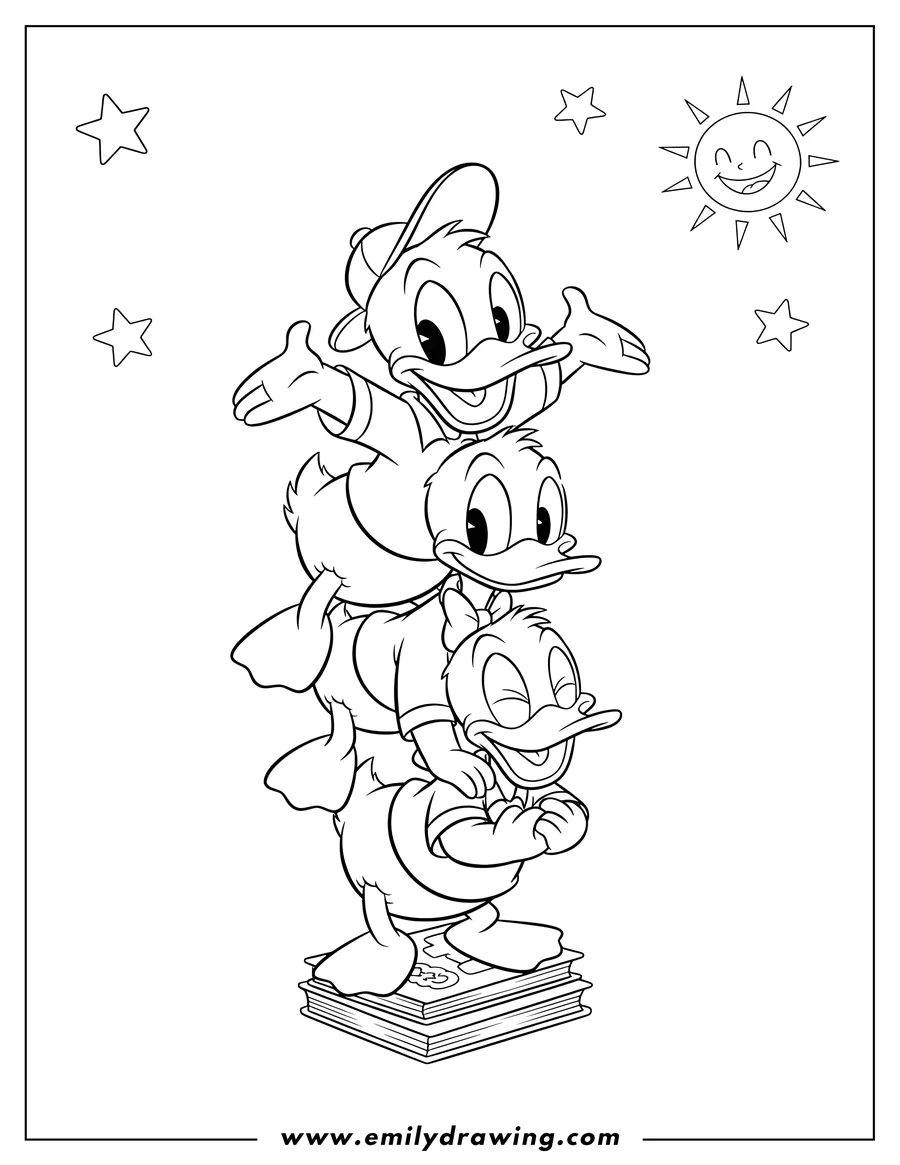 Black and white line art of huey, Dewey, and Louie stacked and smiling