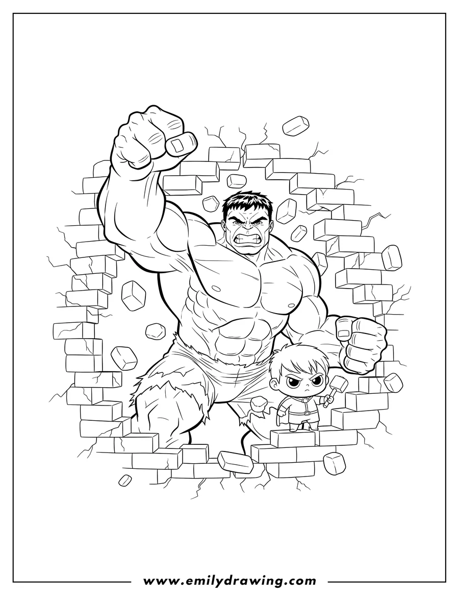 Clean line drawing: hulk smashing through a wall, angry with a raised fist, alongside a small character