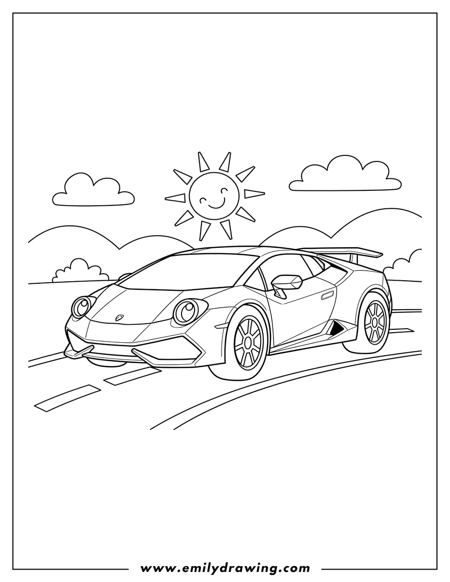 Coloring sheet featuring lamborghini Huracan Scaled driving on a road