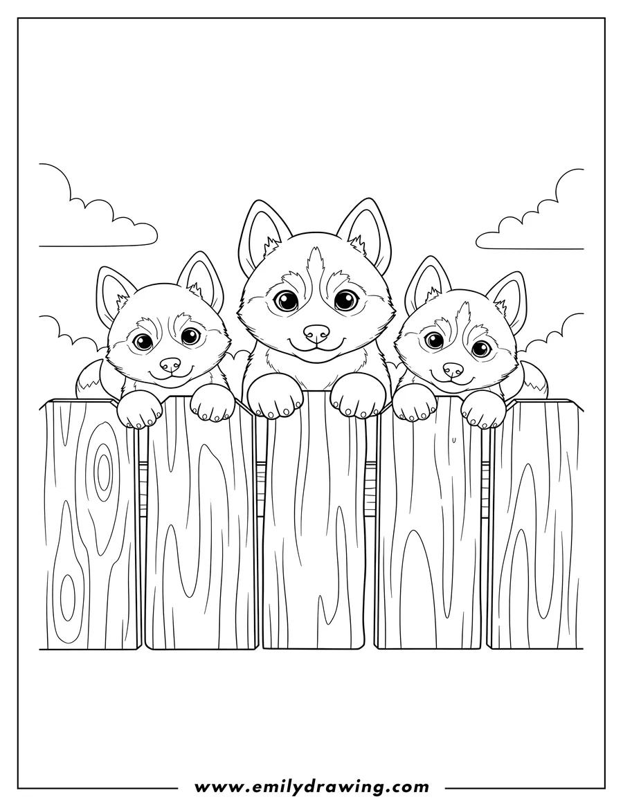 Free to print drawing of cute Husky Puppies looking over a fence To Color