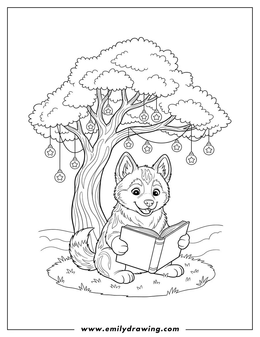 Outline drawing of cute husky puppy sitting and happily reading a book under a tree with string lights
