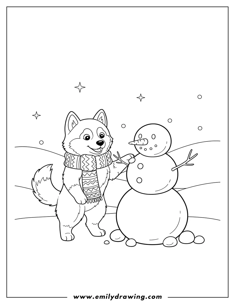 Coloring sheet featuring cute Husky with Scarf building a snowman, holding a stick arm
