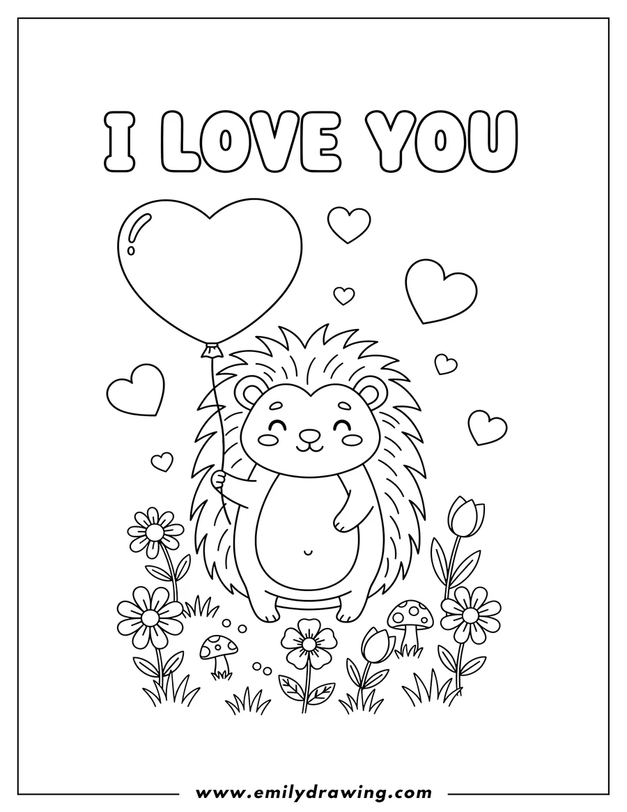 Printable coloring page of I LOVE YOU text, cute standing hedgehog holding a heart balloon, with floating hearts in a flower garden