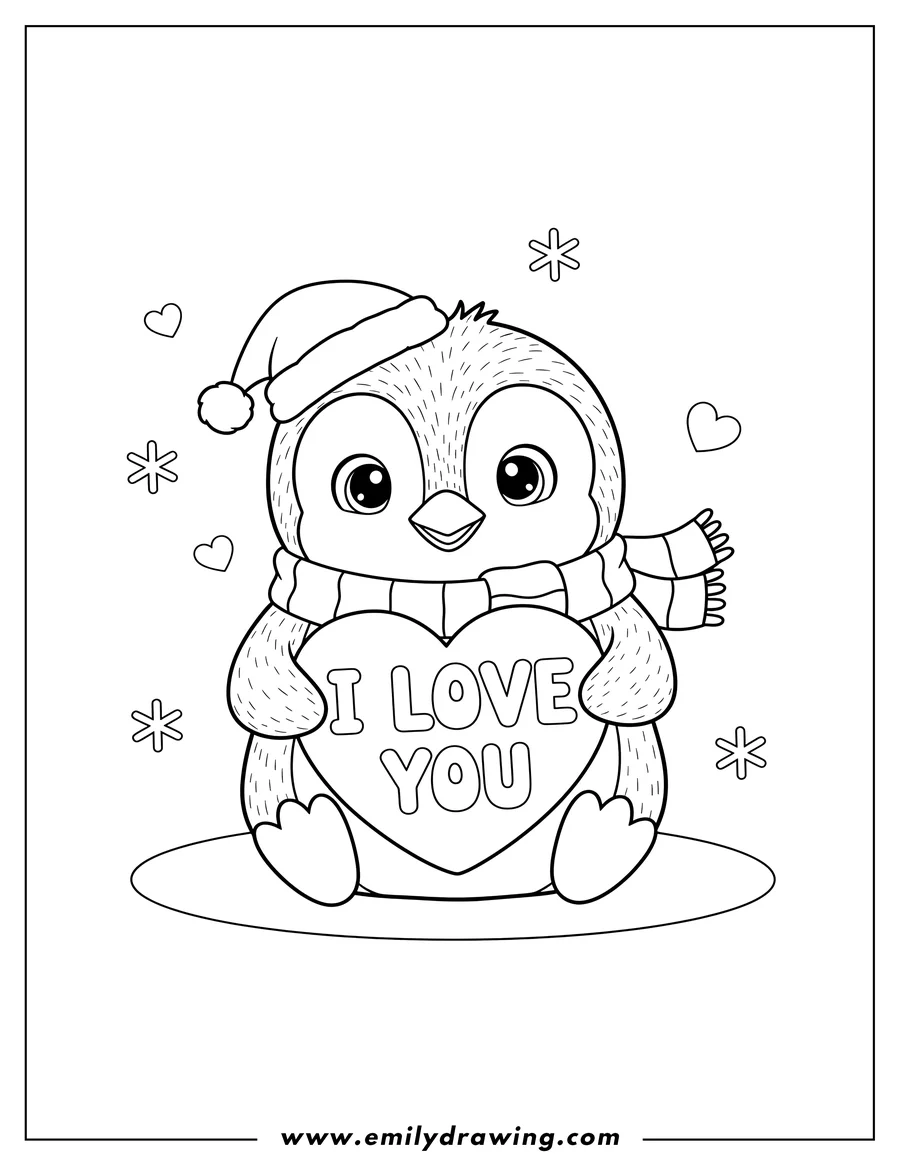 Black and white line art of cute I Love You Penguin To Color, sitting and holding a heart
