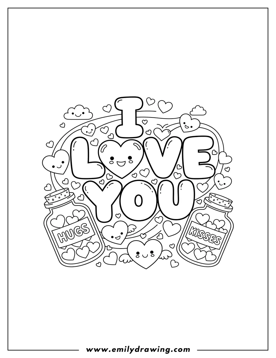 Vector style outline of cute I Love You text coloring page with hearts and jars