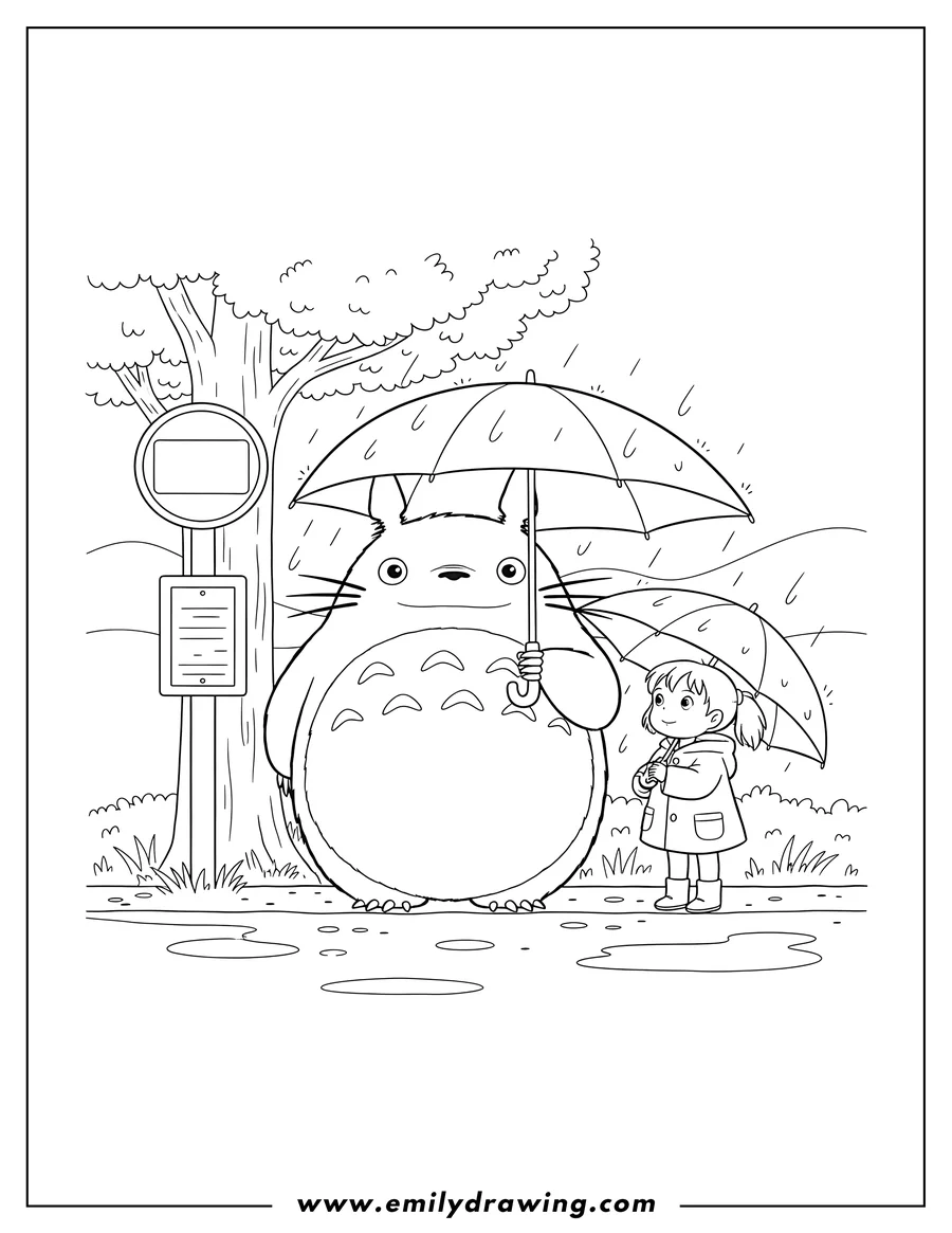 Free printable coloring sheet of iconic My Neighbor Totoro At Bus Stop Poster with Mei holding an umbrella next to Totoro