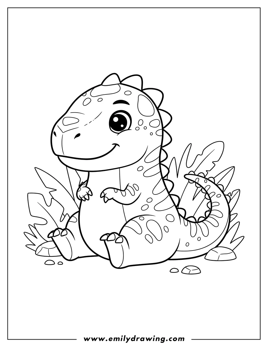 Coloring sheet featuring cute Indominus Rex sitting upright with a long curved tail and spiky back for preschoolers