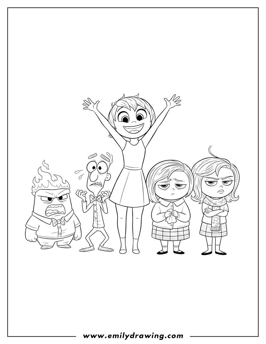 Clean line drawing: inside Out Joy smiling with arms up, Anger yelling, Fear, Sadness, and Disgust looking annoyed