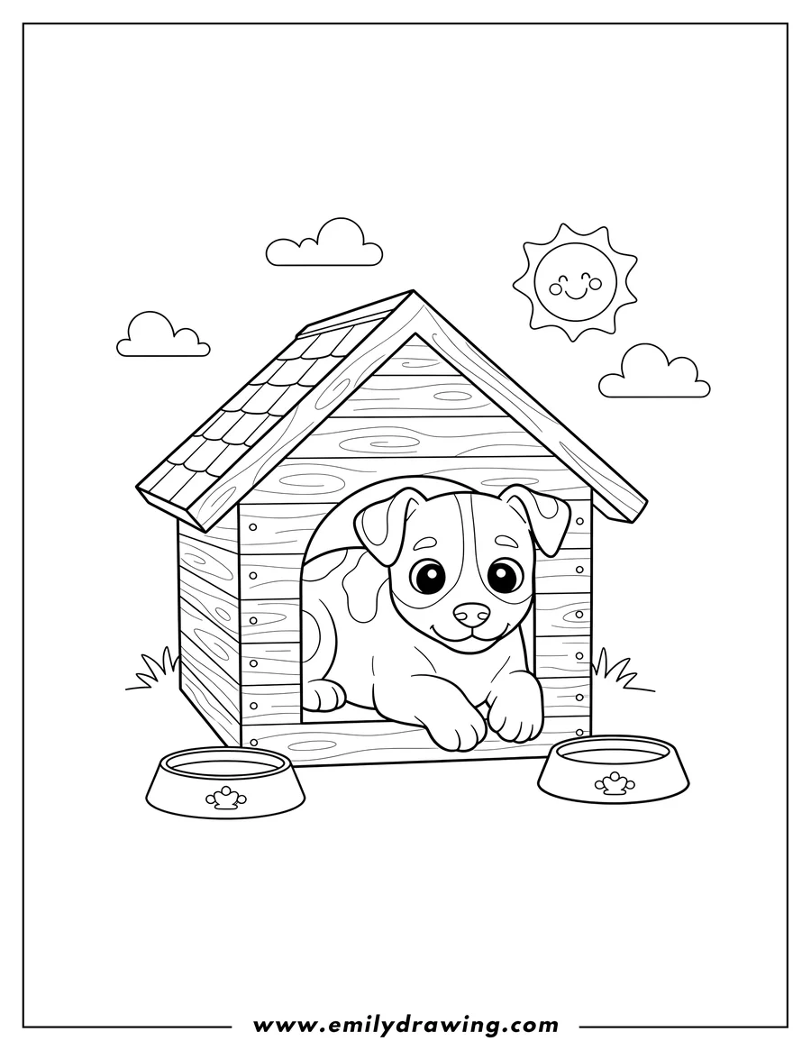 Free printable coloring sheet of jack Russell Terrier puppy lying down inside a dog house