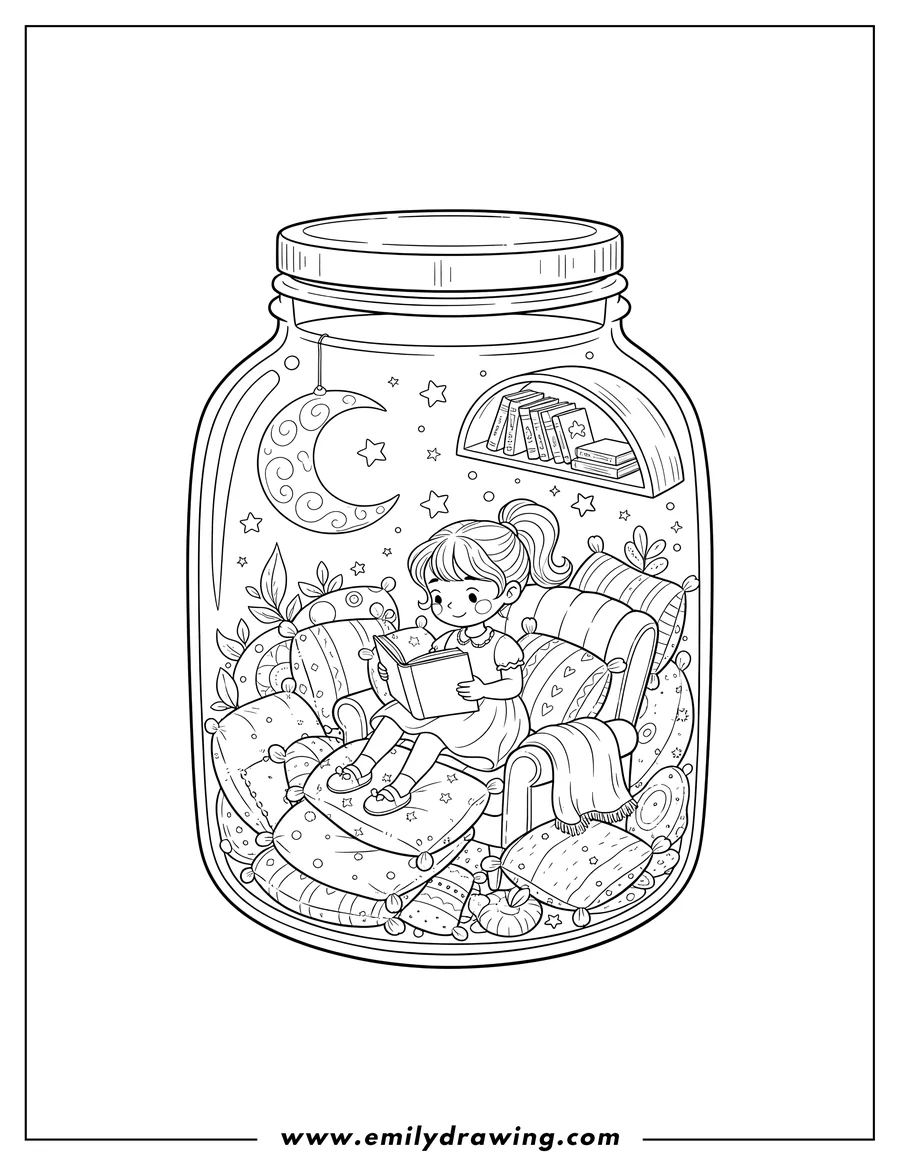 Outline drawing of jar With Cozy Reading Nook Inside, a girl reading a book among pillows