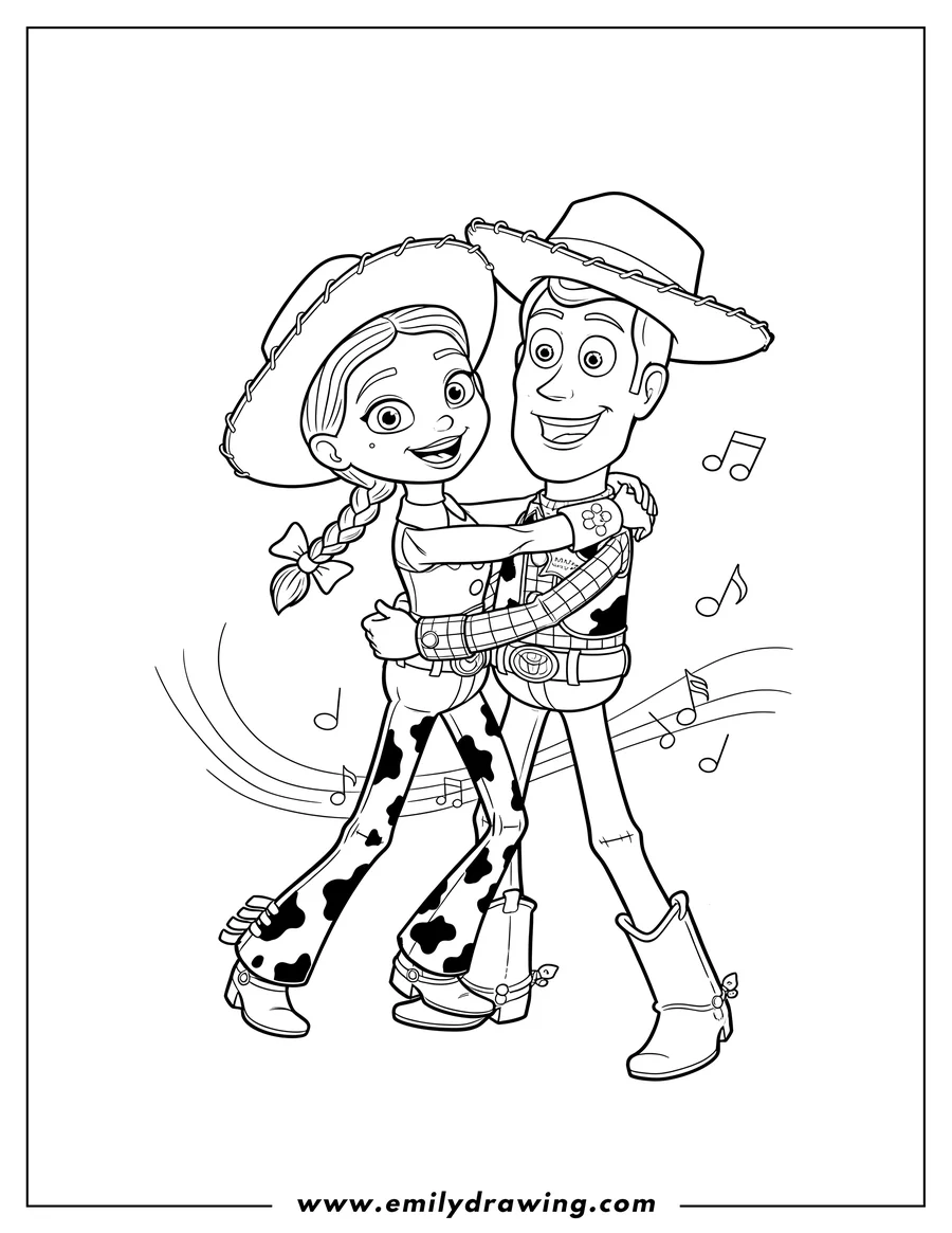 Free printable coloring sheet of jessie Hugging Woody, smiling and dancing