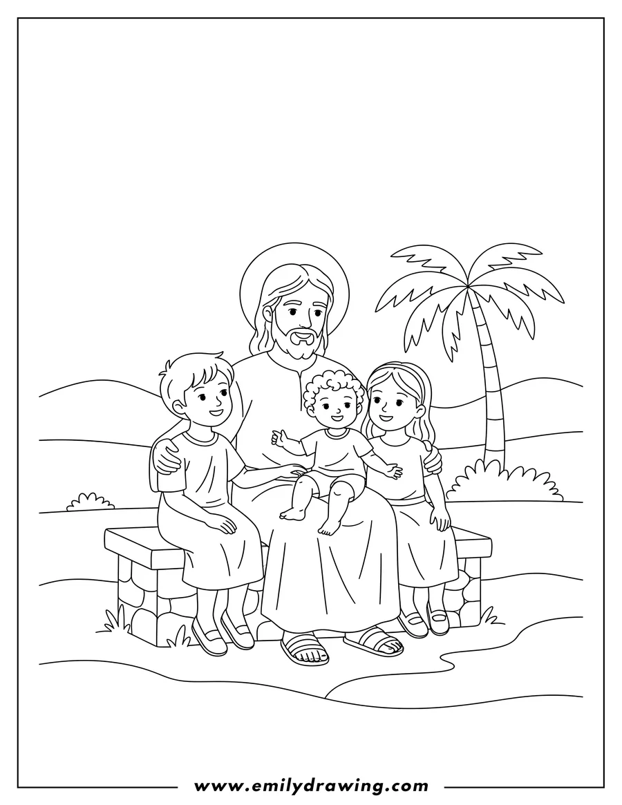 Outline drawing of jesus sitting and comforting three children, with one on his lap