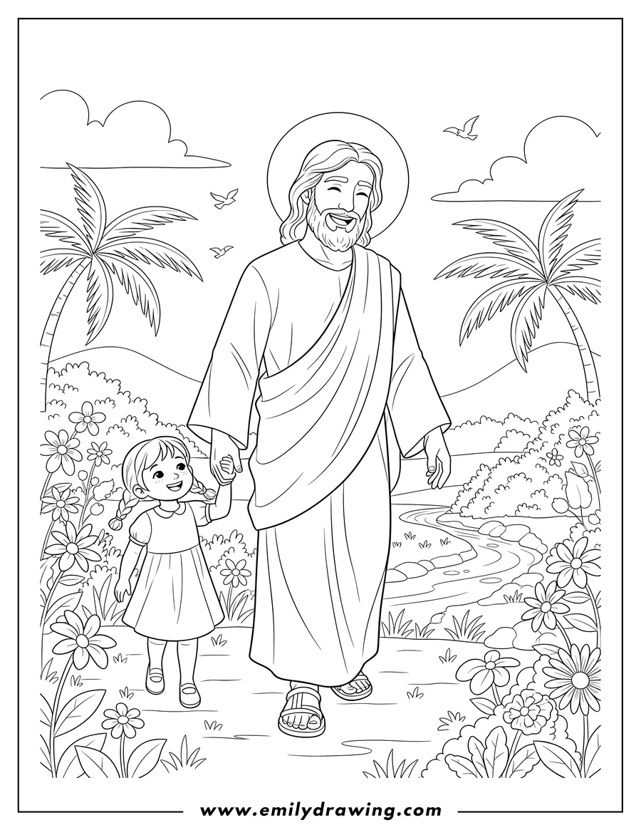 Coloring page for kids: jesus smiling and walking hand in hand with a little girl looking up at Him in paradise