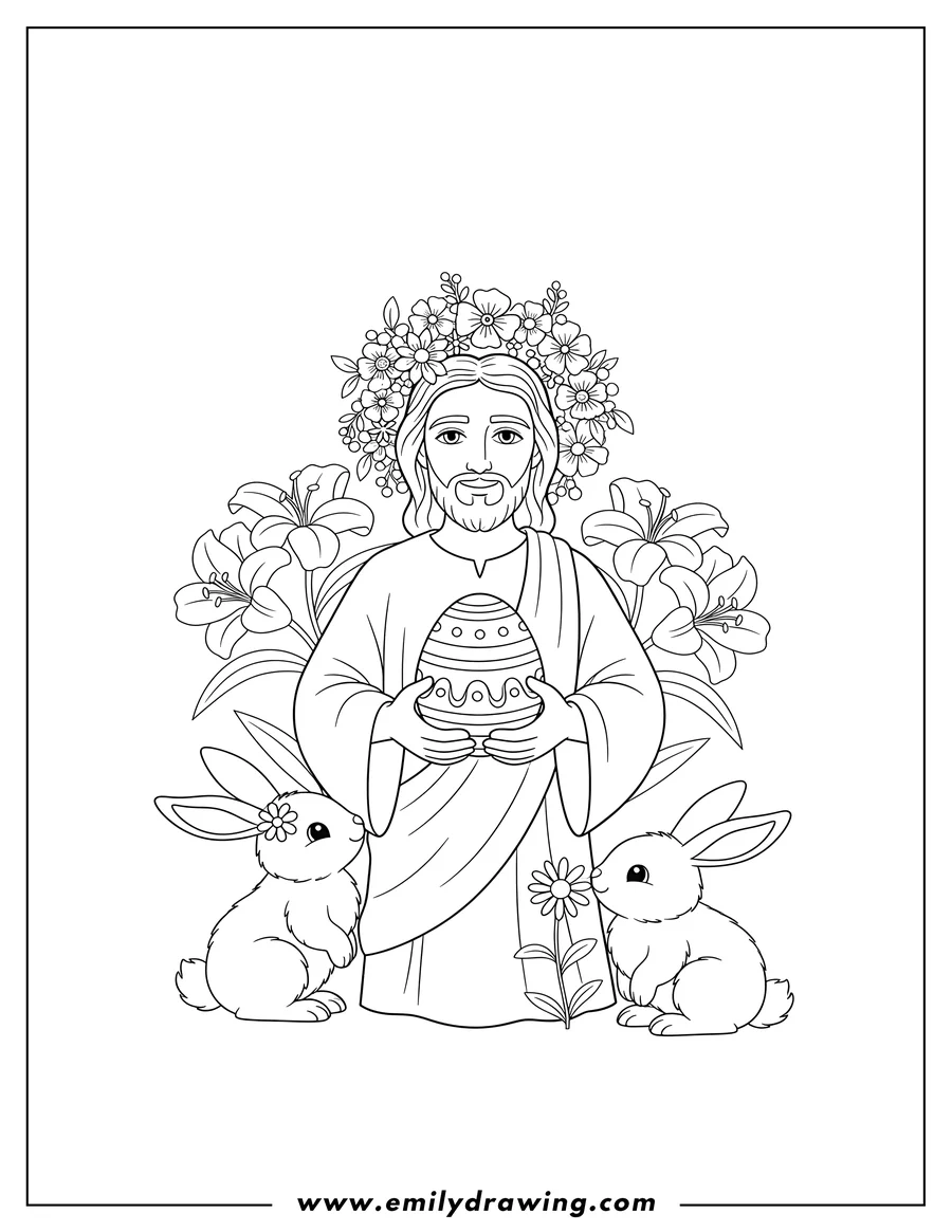 Linear illustration of jesus with a floral wreath, peacefully holding an Easter egg, surrounded by two bunnies