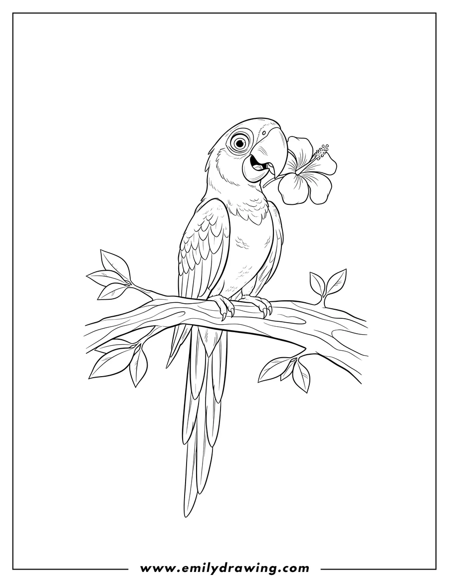 Downloadable coloring page of jewel the parrot holding a flower in her beak, perched on a branch