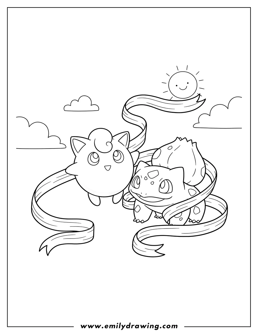 Full page coloring image of jigglypuff wrapping its ribbon around Bulbasaur