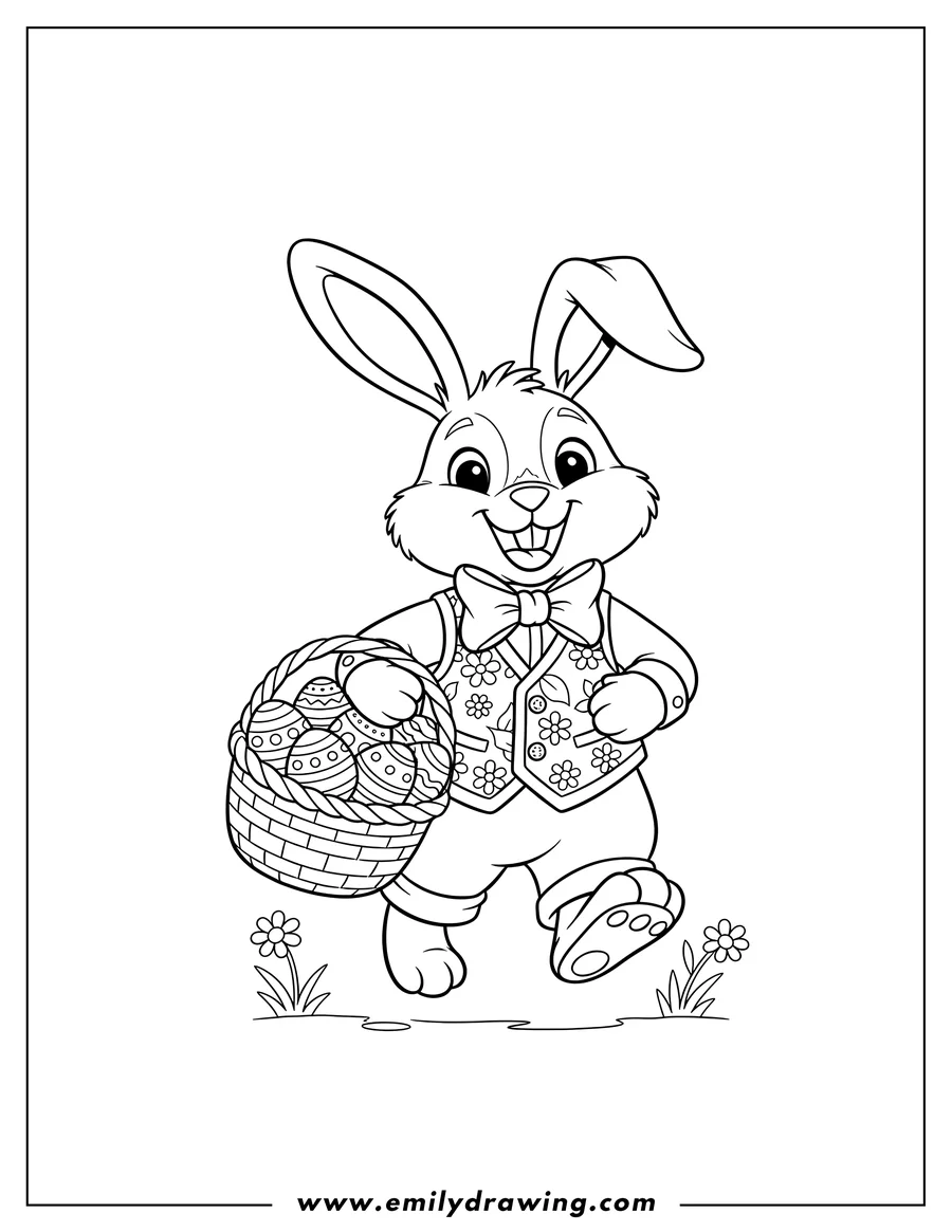 Doodle style coloring picture of jolly Easter Bunny smiling widely and facing forward, carrying a basket of decorated eggs while walking