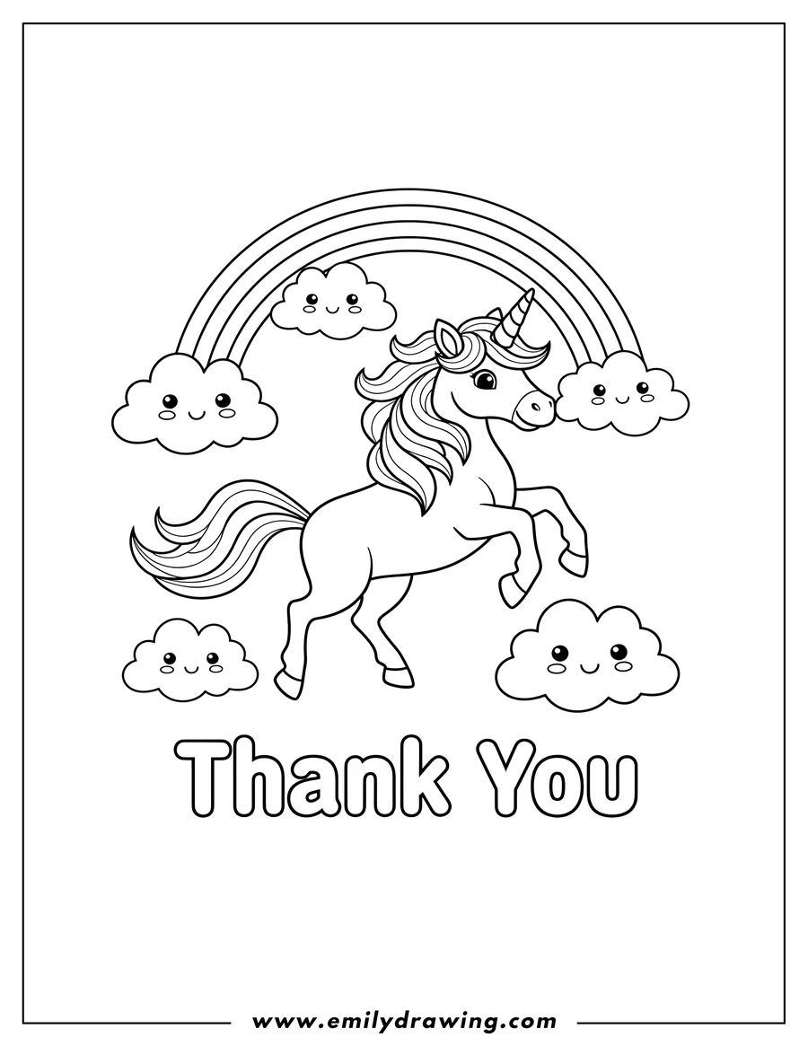 Coloring sheet featuring jumping unicorn and smiling clouds with a rainbow, and Thank you text, for preschoolers