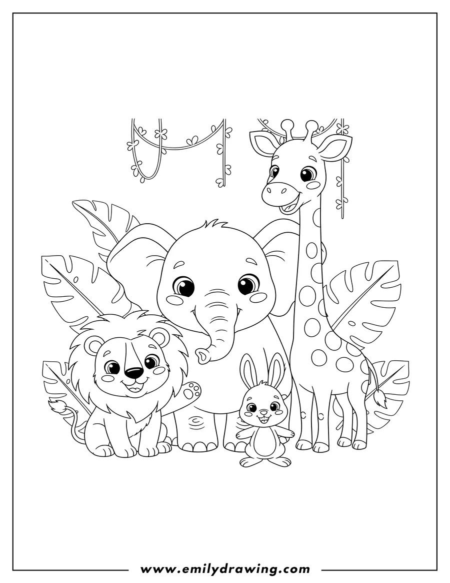 Coloring page for kids: cute Jungle Animals: Elephant, Giraffe, Lion, Bear, and Rabbit smiling together