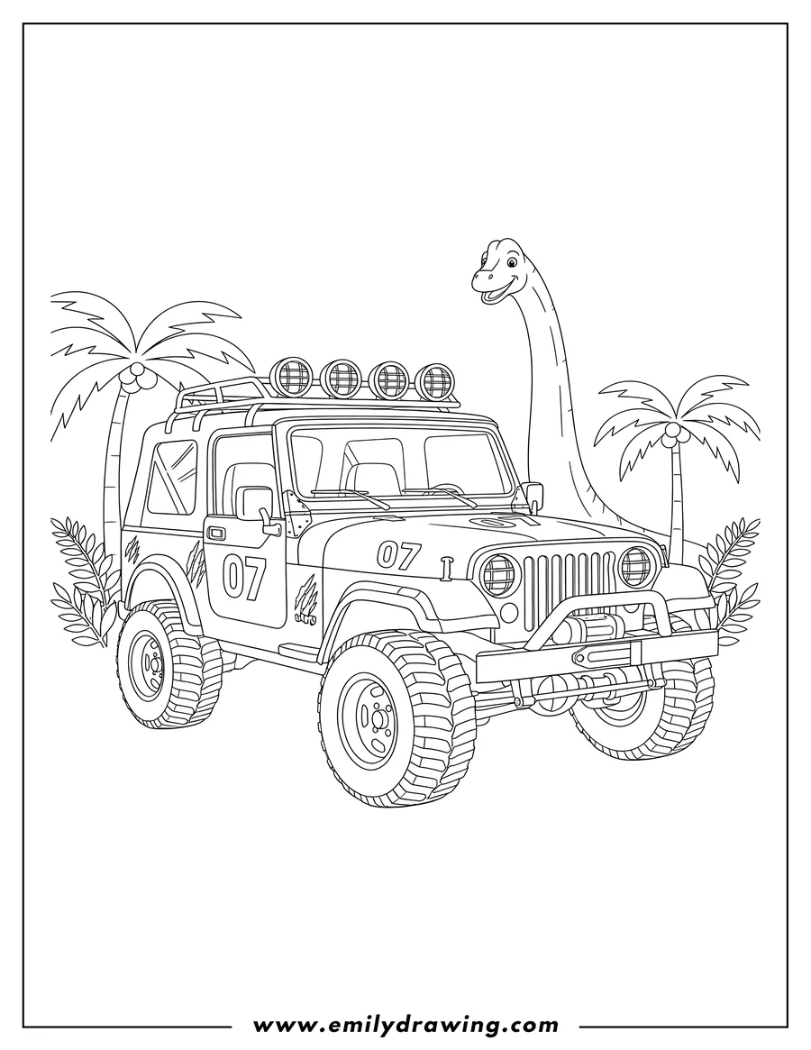 Linear illustration of jurassic Park Jeep 07 with roof lights