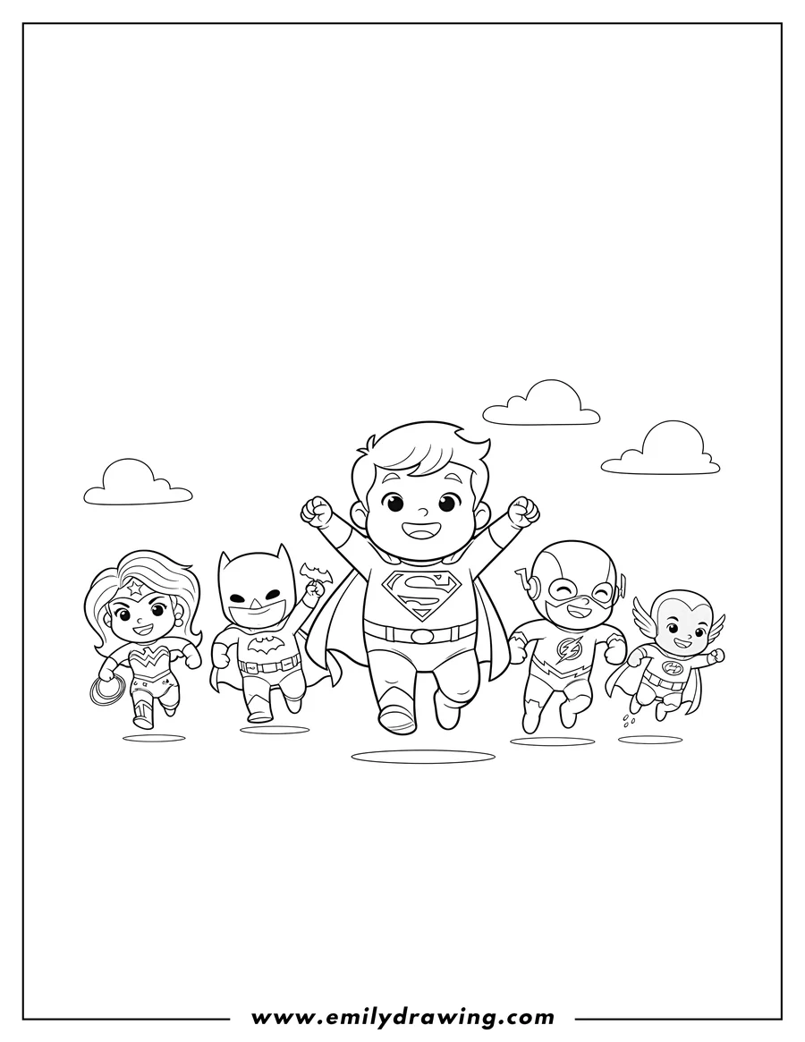Simple sketch of cute Justice League Cartoon Preschoolers running together to color
