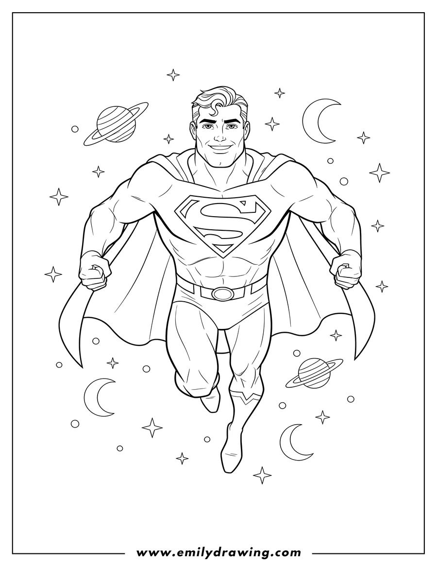 Printable coloring page of justice League Superman flying and smiling in space