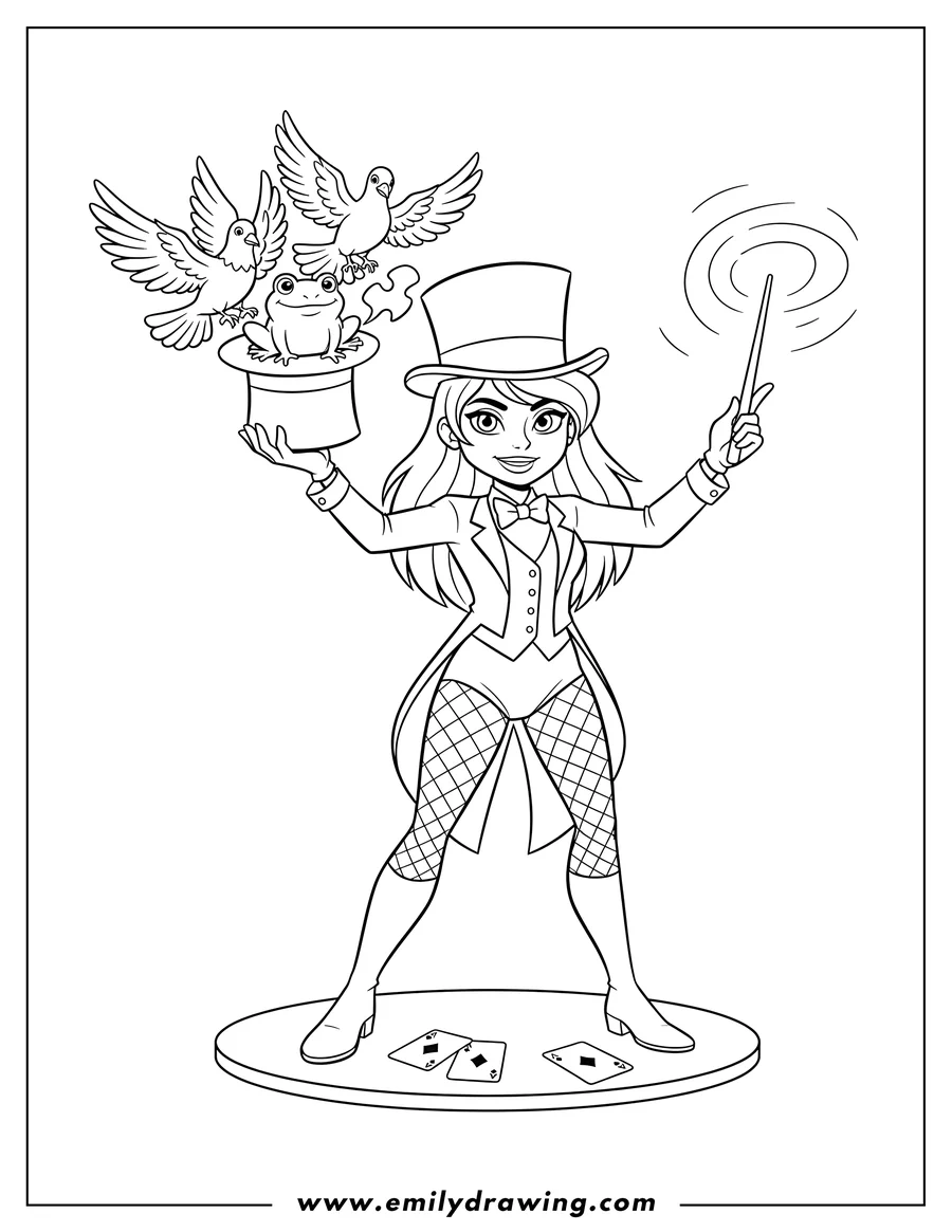 Coloring page of justice League Zatanna performing magic, pulling doves and a frog from a top hat