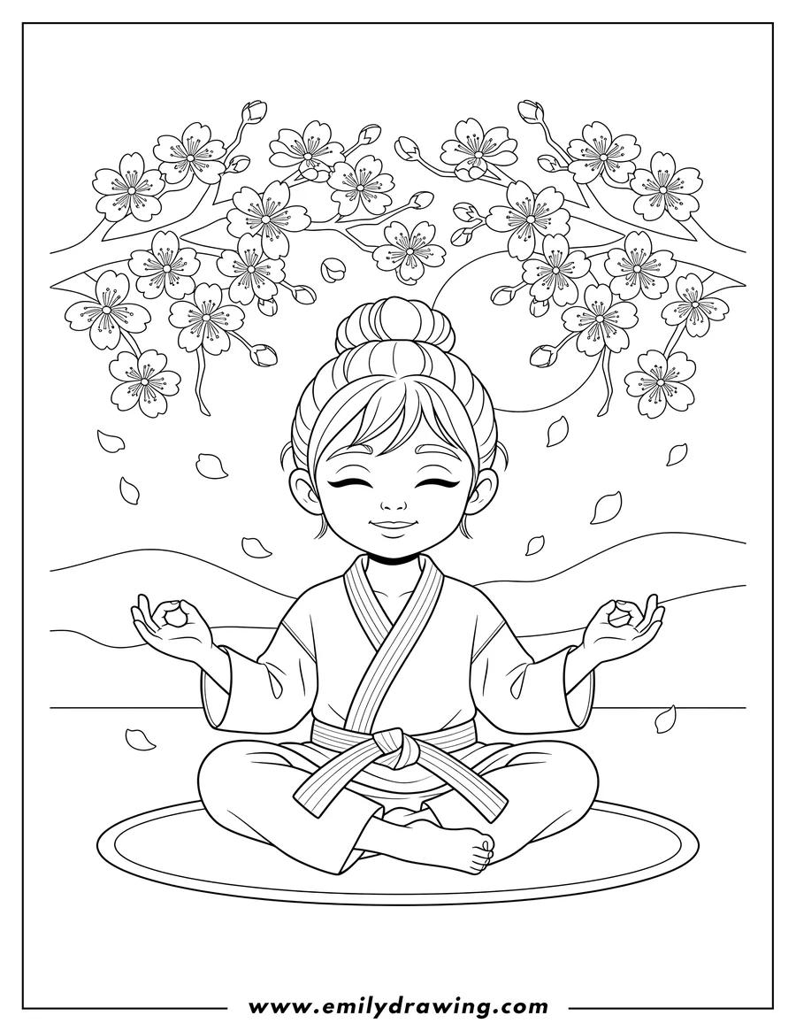 Coloring page for kids: karate Kid with a bun meditating cross-legged beneath cherry blossoms