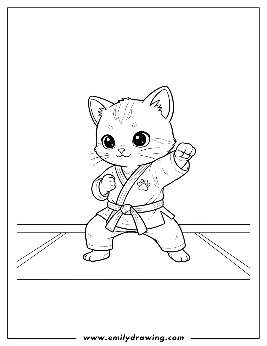 High quality printable cute Karate Kitten wearing a gi, in a fighting stance for coloring