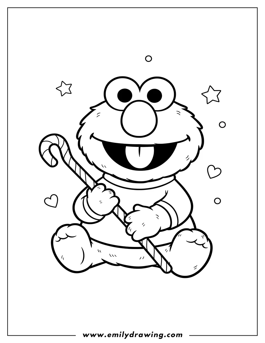 Coloring page for kids: cute Kawaii Baby Elmo 1 Scaled, sitting with tongue sticking out, holding a long object