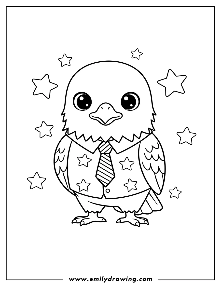 Full page coloring image of cute Kawaii Bald Eagle standing, wearing a shirt and tie, with stars