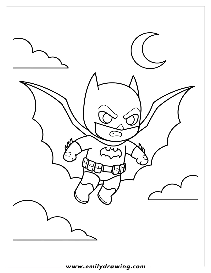Doodle style coloring picture of cute Kawaii Batman Scaled, gliding with cape spread and determined expression