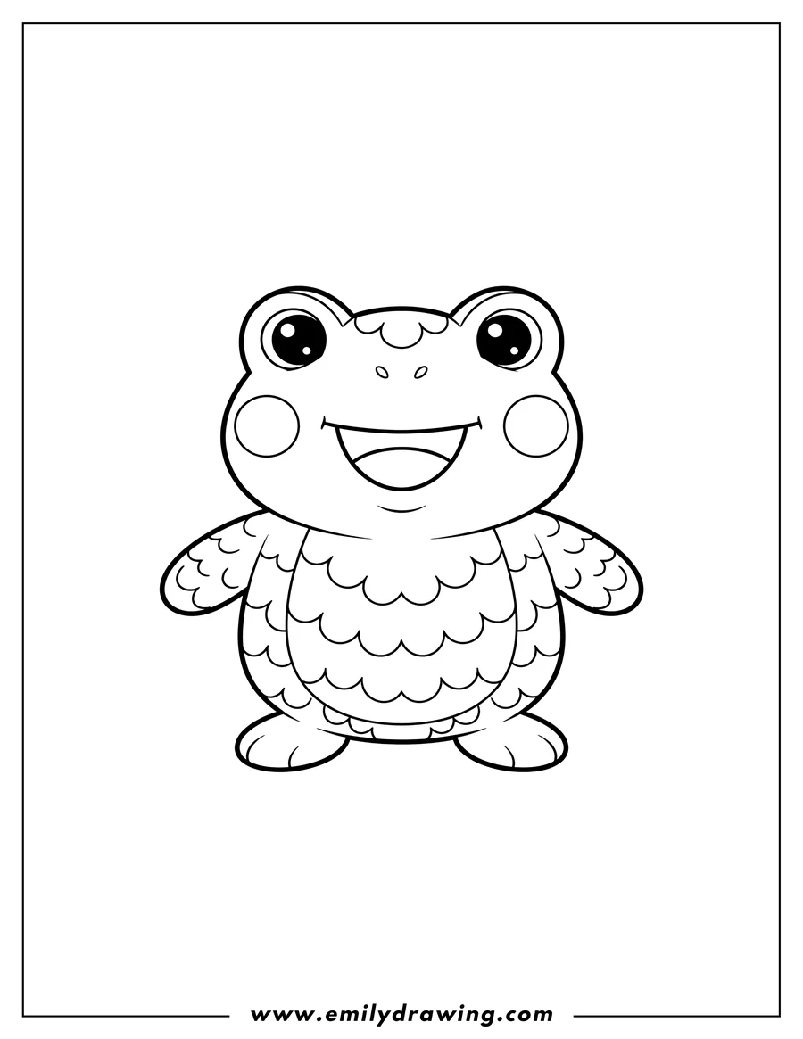 Printable coloring page of cute Kawaii Frog Wild Scaled, a plush toy-like character standing with a happy smile and round cheek spots