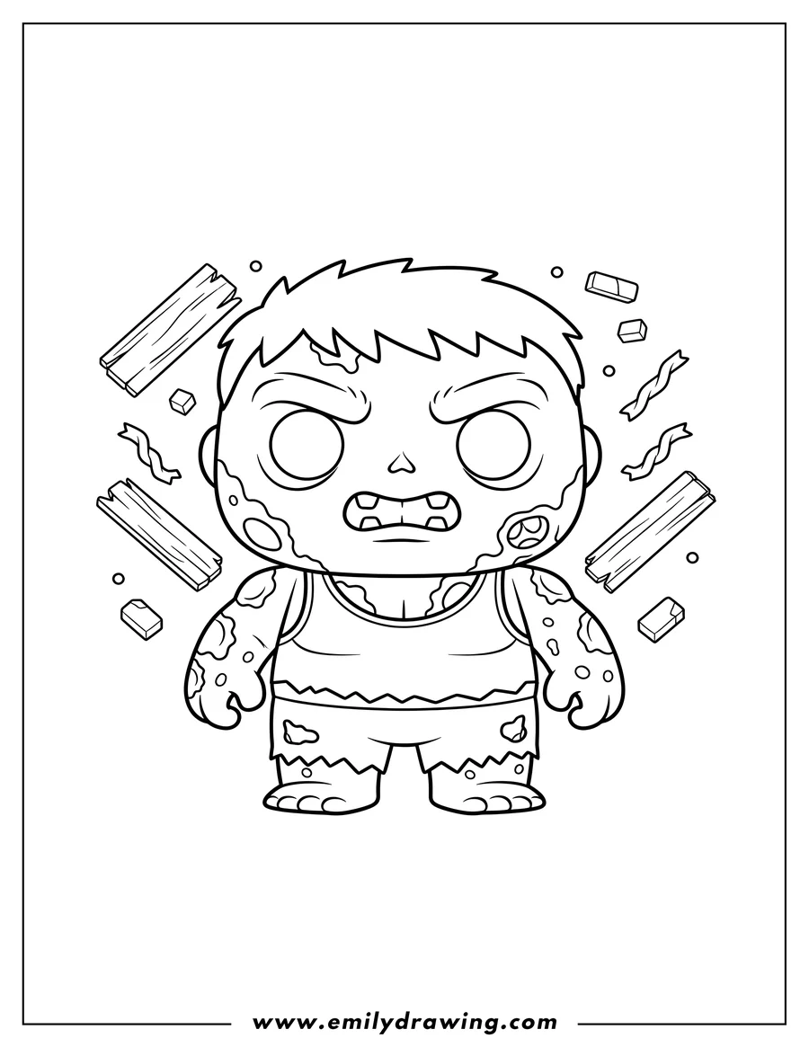 Linear illustration of cute Kawaii Funko Pop Hulk Zombie with torn clothes and floating debris To Color Scaled