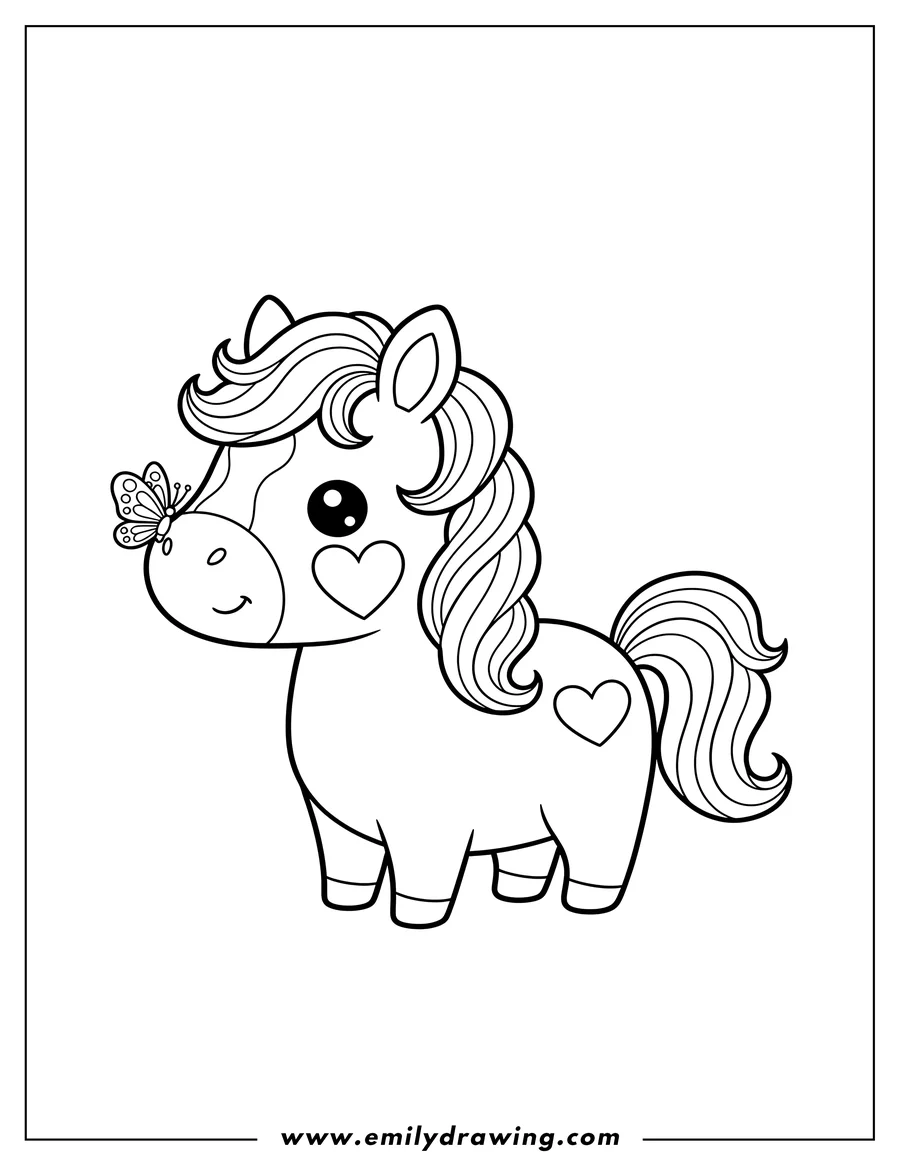 Downloadable coloring page of cute Kawaii Horse with a heart on its face, a butterfly on its nose, and wavy mane and tail, for coloring