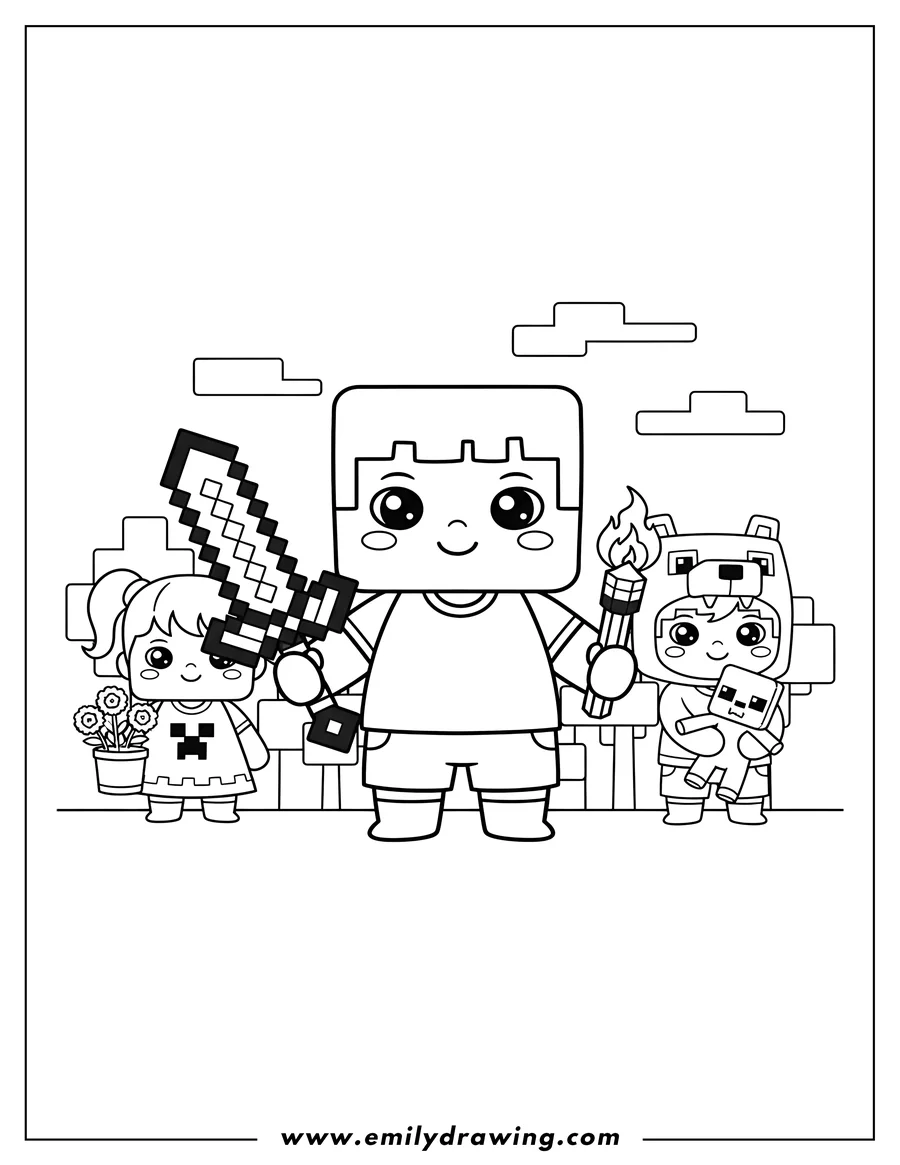 High quality printable cute Kawaii Minecraft Preschoolers Scaled holding a sword and a torch for coloring