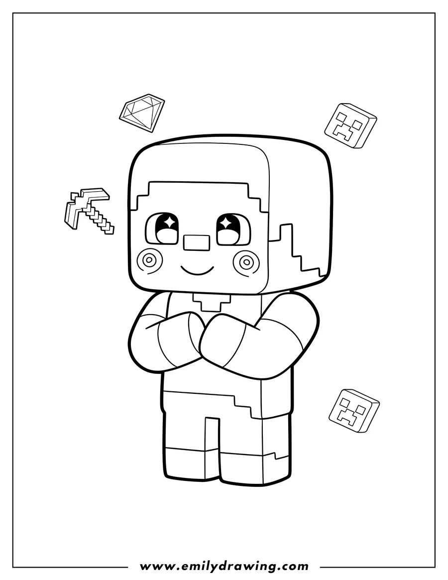 Vector style outline of cute Kawaii Minecraft Steve blushing