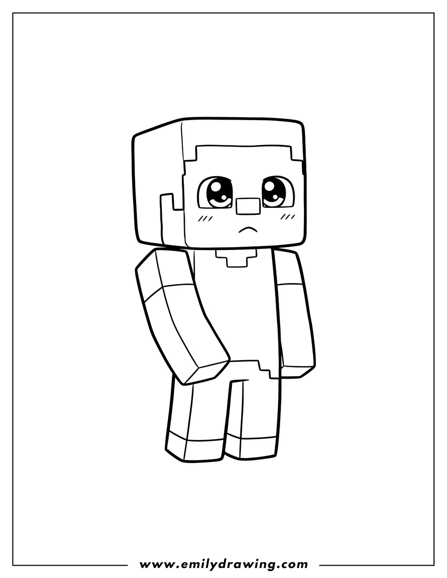 Linear illustration of cute Kawaii Minecraft Steve standing with a shy expression