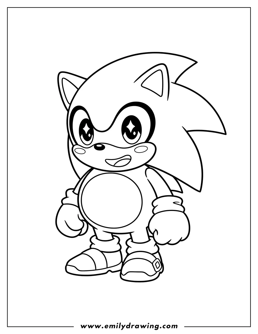 Clean line drawing: cute Kawaii Sonic Scaled, standing and smiling