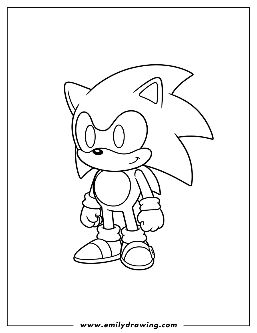 Clean line drawing: cute Kawaii Sonic Scaled, with large eyes, a small smile, and standing pose